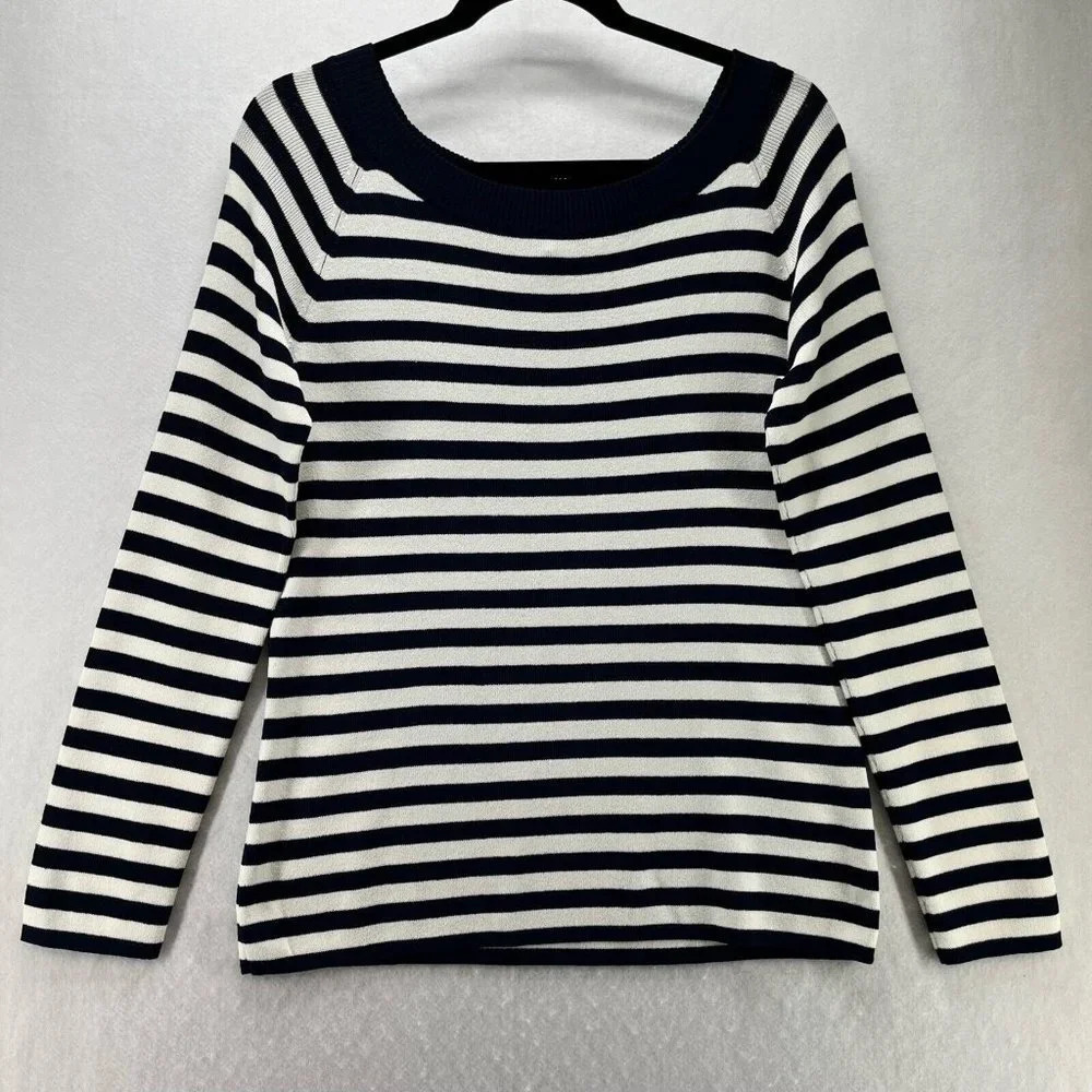 Chico's Sweater Top Sz 1 M/8 Striped Scoop Neck Long Sleeve Rayon Nylon Black